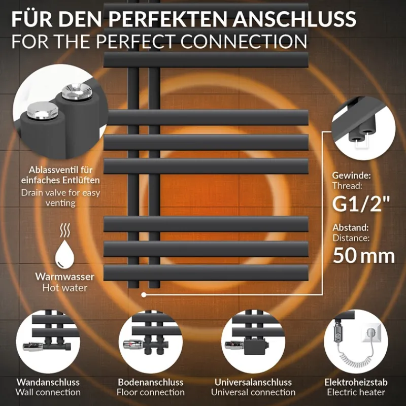 Badheizkörper Mittelanschluss 600x1000 mm Anthrazit mit Heizstab 300W LuxeBath-ECD Germany New