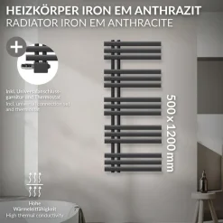 Badheizkörper Mittelanschluss 500x1200 mm Anthrazit mit Universale Anschlussgarnitur LuxeBath-ECD Germany Best