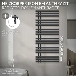Badheizkörper Mittelanschluss 600x1400 mm Anthrazit mit Heizstab 1200W LuxeBath-ECD Germany Outlet