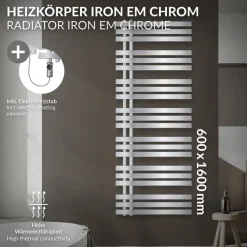 Badheizkörper Mittelanschluss 600x1600 mm Chrom mit Heizstab 1200W LuxeBath-ECD Germany Discount