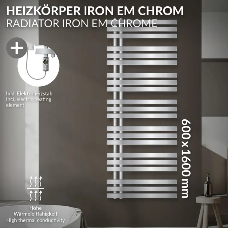 Badheizkörper Mittelanschluss 600x1600 mm Chrom mit Heizstab 1200W LuxeBath-ECD Germany Discount