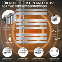 Badheizkörper Mittelanschluss 600x1600 mm Chrom mit Heizstab 1200W LuxeBath-ECD Germany Discount