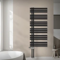 Badheizkörper Mittelanschluss 600x1400 mm Schwarz matt mit Boden Thermostatventil LuxeBath-ECD Germany Online