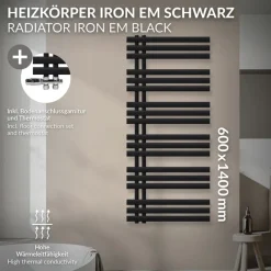 Badheizkörper Mittelanschluss 600x1400 mm Schwarz matt mit Boden Thermostatventil LuxeBath-ECD Germany Online