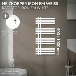Badheizkörper Mittelanschluss 500x1000 mm Weiß mit Heizstab 300W LuxeBath-ECD Germany Discount