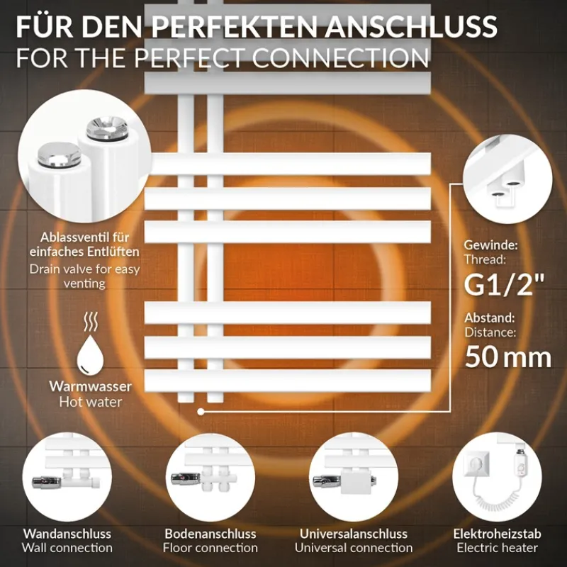 Badheizkörper Mittelanschluss 500x1000 mm Weiß mit Heizstab 300W LuxeBath-ECD Germany Discount