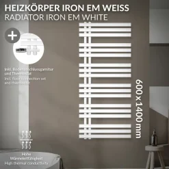 Badheizkörper Mittelanschluss 600x1400 mm Weiß mit Boden Anschlussgarnitur LuxeBath-ECD Germany Sale