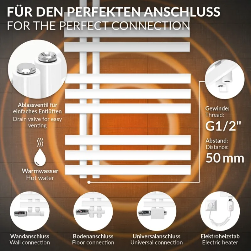 Badheizkörper Mittelanschluss 500x1200 mm Weiß mit Boden Anschlussgarnitur LuxeBath-ECD Germany Discount
