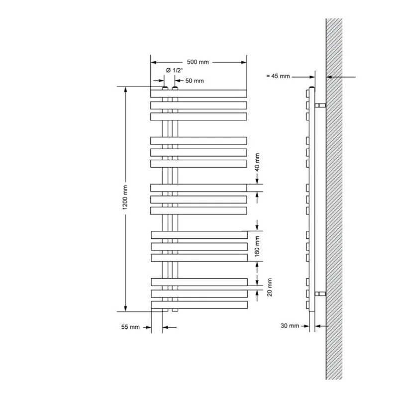 Badheizkörper Mittelanschluss 500x1200 mm Weiß mit Boden Anschlussgarnitur LuxeBath-ECD Germany Discount