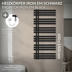 Badheizkörper Mittelanschluss 600x1400 mm Schwarz matt mit Heizstab 1200W LuxeBath-ECD Germany Online