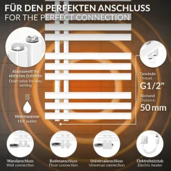Badheizkörper Mittelanschluss 500x1600 mm Weiß mit Universale Anschlussgarnitur LuxeBath-ECD Germany Clearance
