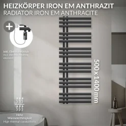 Badheizkörper Mittelanschluss 500x1400 mm Anthrazit mit Heizstab 1200W LuxeBath-ECD Germany Hot