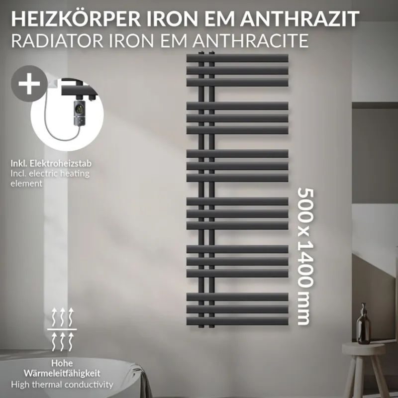 Badheizkörper Mittelanschluss 500x1400 mm Anthrazit mit Heizstab 1200W LuxeBath-ECD Germany Hot