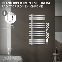 Badheizkörper Mittelanschluss 500x1000 mm Chrom mit Heizstab 300W LuxeBath-ECD Germany Outlet