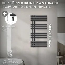 Badheizkörper Mittelanschluss 500x1000 mm Anthrazit mit Heizstab 600W LuxeBath-ECD Germany Discount