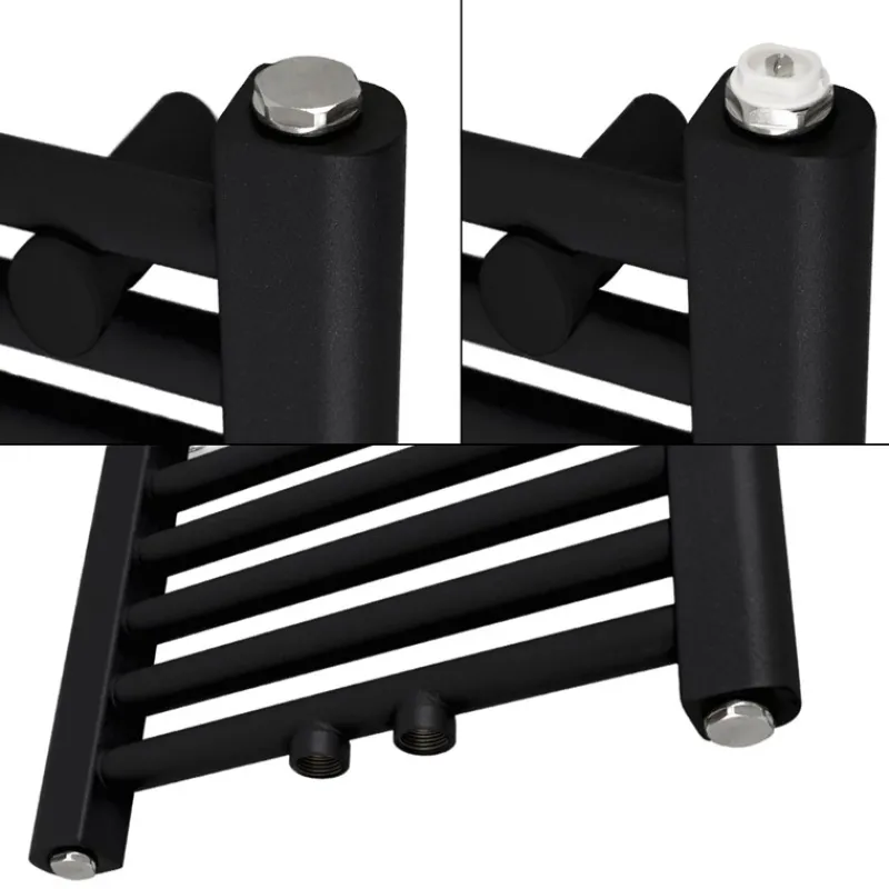 Badheizkörper Mittelanschluss 750x800 mm Schwarz matt gebogen mit Wand Anschlussgarnitur LuxeBath-ECD Germany Hot