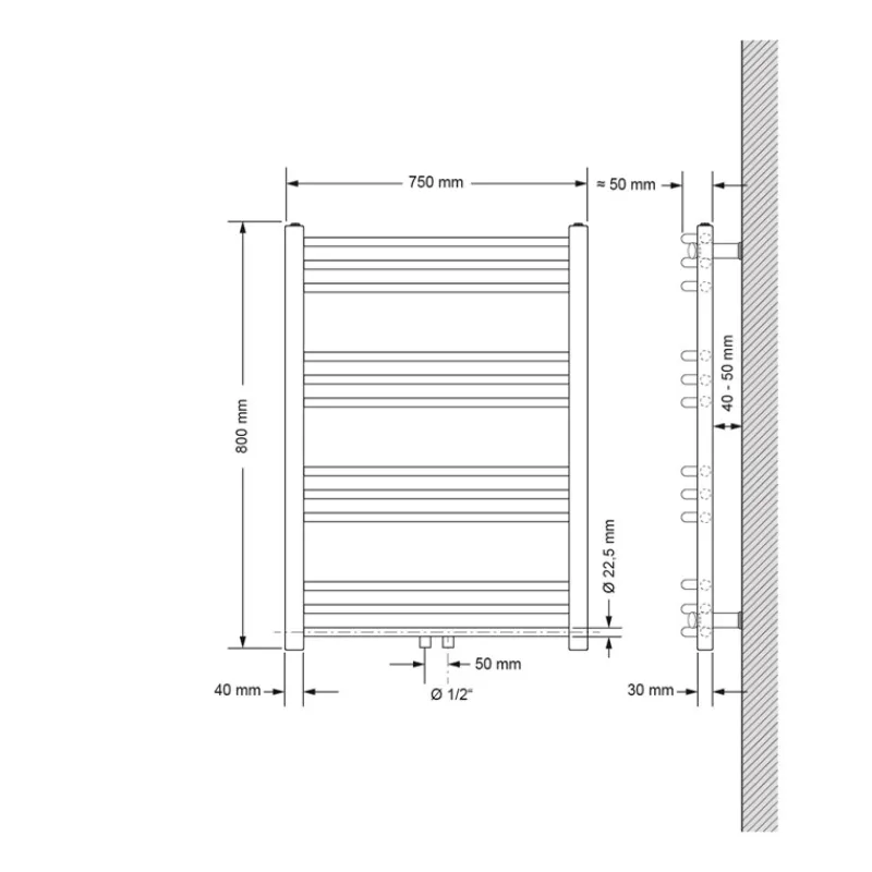 Badheizkörper Mittelanschluss 750x800 mm Schwarz matt gebogen mit Wand Anschlussgarnitur LuxeBath-ECD Germany Hot