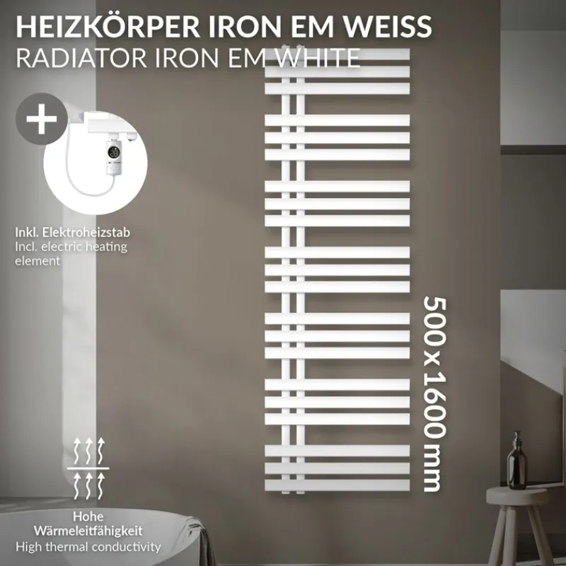 Badheizkörper Mittelanschluss 500x1600 mm Weiß mit Heizstab 1200W LuxeBath-ECD Germany Best