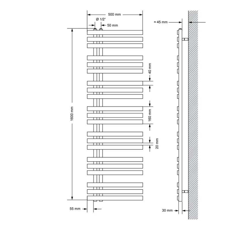 Badheizkörper Mittelanschluss 500x1600 mm Weiß mit Heizstab 1200W LuxeBath-ECD Germany Best