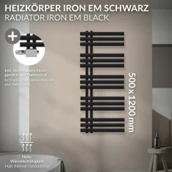 Badheizkörper Mittelanschluss 500x1200 mm Schwarz matt mit Universal Thermostatventil LuxeBath-ECD Germany