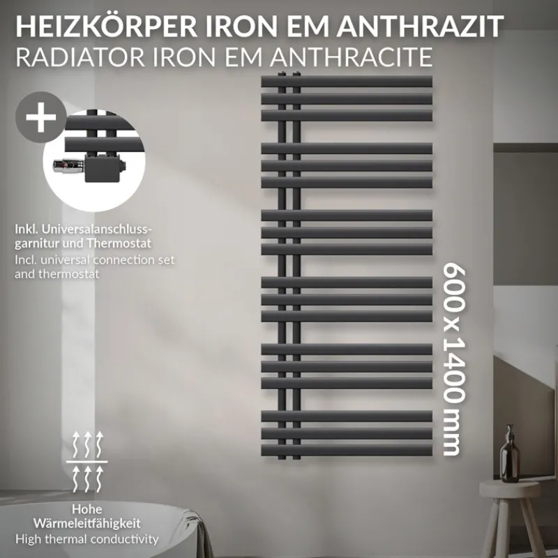 Badheizkörper Mittelanschluss 500x1200 mm Weiß mit Universal Thermostatventil LuxeBathBadheizkörper Mittelanschluss 600x1400 mm Anthrazit mit Universal Thermostatventil LuxeBath-ECD Germany Sale