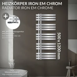 Badheizkörper Mittelanschluss 500x1200 mm Chrome mit Wand Anschlussgarnitur LuxeBath-ECD Germany Hot