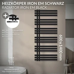 Badheizkörper Mittelanschluss 600x1400 mm Schwarz matt mit Wand Thermostatventil LuxeBath-ECD Germany Hot