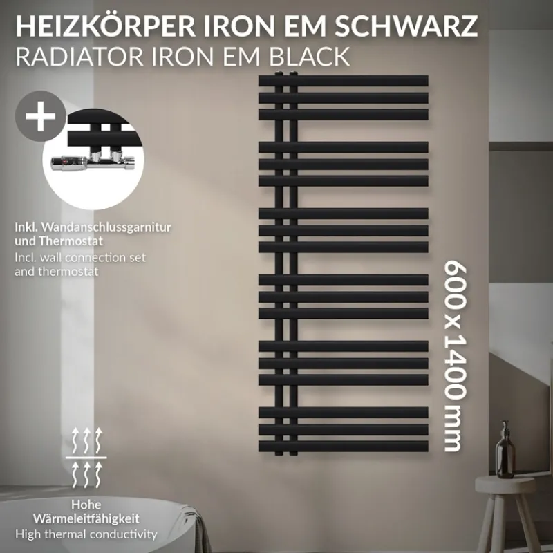 Badheizkörper Mittelanschluss 600x1400 mm Schwarz matt mit Wand Thermostatventil LuxeBath-ECD Germany Hot