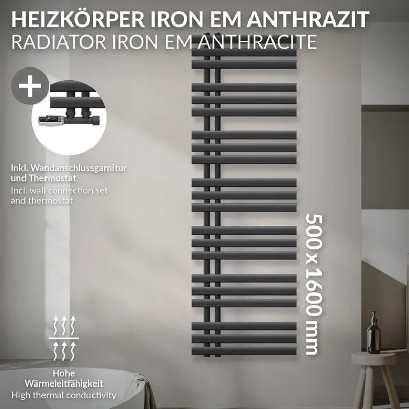 Badheizkörper Mittelanschluss 500x1600 mm Anthrazit mit Wand Anschlussgarnitur LuxeBath-ECD Germany New