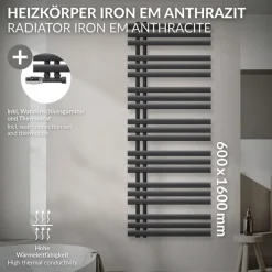 Badheizkörper Mittelanschluss 600x1600 mm Anthrazit mit Wand Anschlussgarnitur LuxeBath-ECD Germany Hot