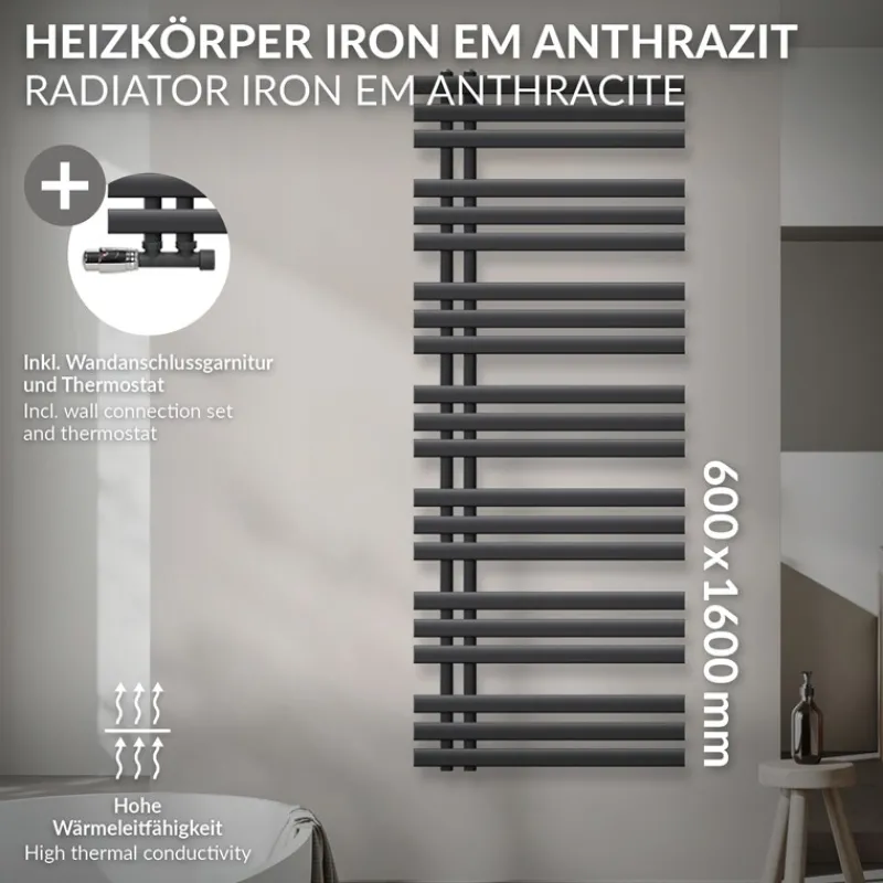 Badheizkörper Mittelanschluss 600x1600 mm Anthrazit mit Wand Anschlussgarnitur LuxeBath-ECD Germany Hot