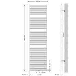 Badheizkörper Mittelanschluss 500x1800 mm Weiß gerade inkl. Montagematerial LuxeBath-ECD Germany Best