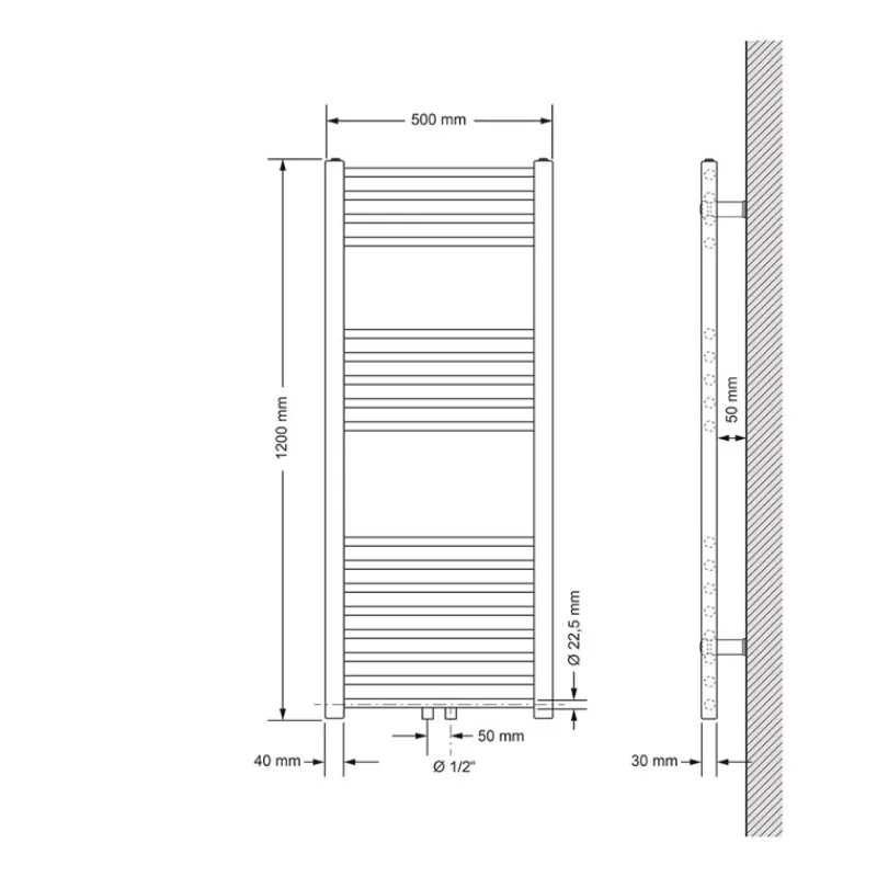 Badheizkörper Mittelanschluss 500x1200 mm Weiß gerade mit Boden Anschlussgarnitur LuxeBath-ECD Germany
