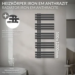 Badheizkörper Mittelanschluss 500x1200 mm Anthrazit mit Wand Anschlussgarnitur LuxeBath-ECD Germany New