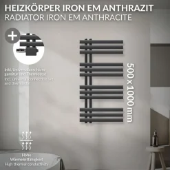 Badheizkörper Mittelanschluss 500x1000 mm Anthrazit mit Universale Anschlussgarnitur LuxeBath-ECD Germany