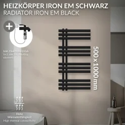 Badheizkörper Mittelanschluss 500x1000 mm Schwarz matt mit Heizstab 300W LuxeBath-ECD Germany Hot