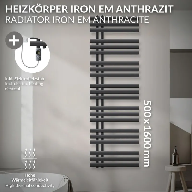Badheizkörper Mittelanschluss 500x1600 mm Anthrazit mit Heizstab 1200W LuxeBath-ECD Germany Hot
