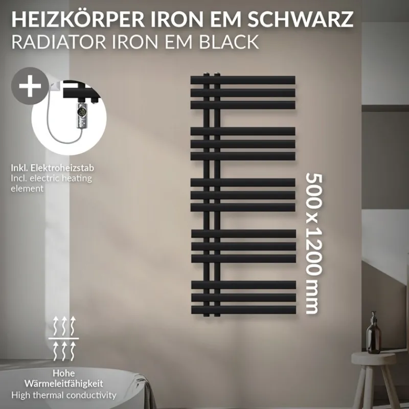 Badheizkörper Mittelanschluss 500x1200 mm Schwarz matt mit Heizstab 1200W LuxeBath-ECD Germany New