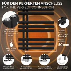 Badheizkörper Mittelanschluss 500x1200 mm Schwarz matt mit Heizstab 1200W LuxeBath-ECD Germany New