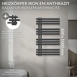 Badheizkörper Mittelanschluss 600x1000 mm Anthrazit mit Universal Anschlussgarnitur LuxeBath-ECD Germany Best