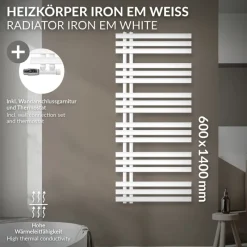 Badheizkörper Mittelanschluss 600x1400 mm Weiß mit Wand Anschlussgarnitur LuxeBath-ECD Germany