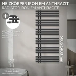 Badheizkörper Mittelanschluss 600x1400 mm Anthrazit mit Wand Anschlussgarnitur LuxeBath-ECD Germany New