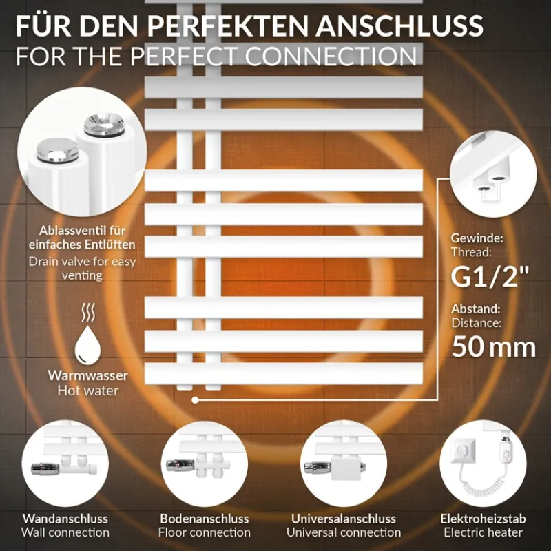 Badheizkörper Mittelanschluss 500x1600 mm Weiß mit Boden Anschlussgarnitur LuxeBath-ECD Germany Outlet