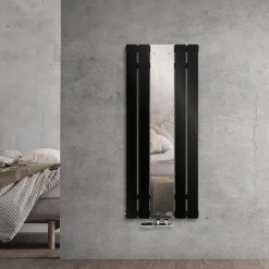 Badheizkörper Mittelanschluss mit Spiegel 450x1200 mm Schwarz inkl. Wandanschlussgarnitur mit Thermostat LuxeBath-ECD Germany