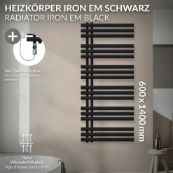 Badheizkörper Mittelanschluss 600x1400 mm Schwarz matt mit Heizstab 1200W LuxeBath-ECD Germany Clearance