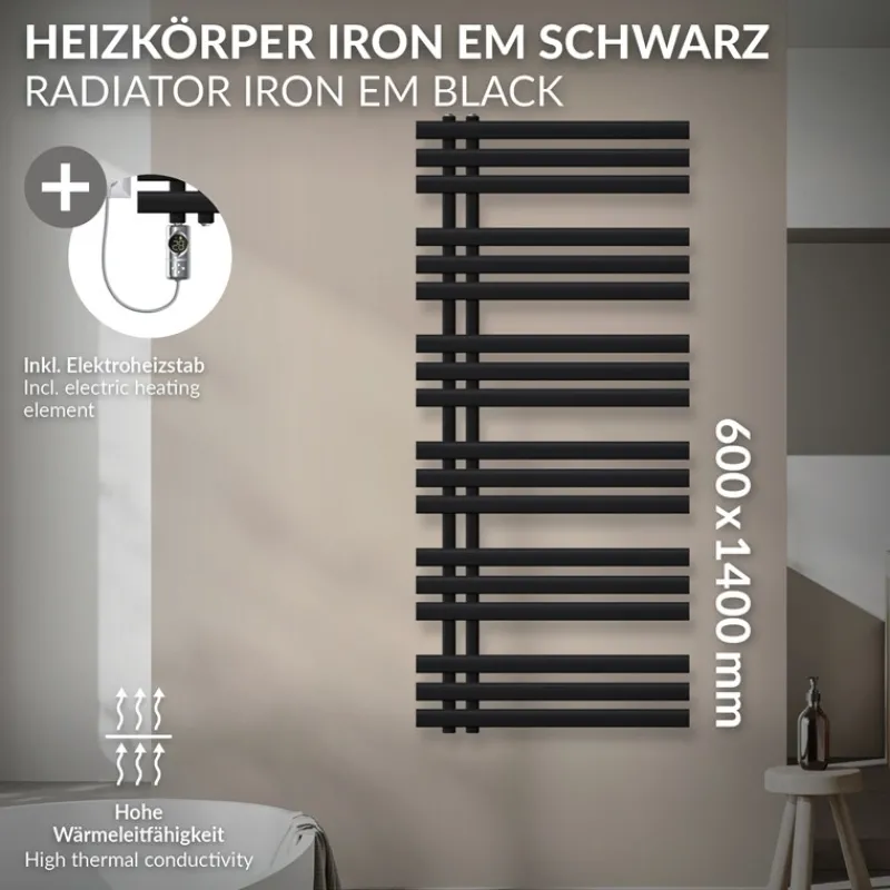 Badheizkörper Mittelanschluss 600x1400 mm Schwarz matt mit Heizstab 1200W LuxeBath-ECD Germany Clearance