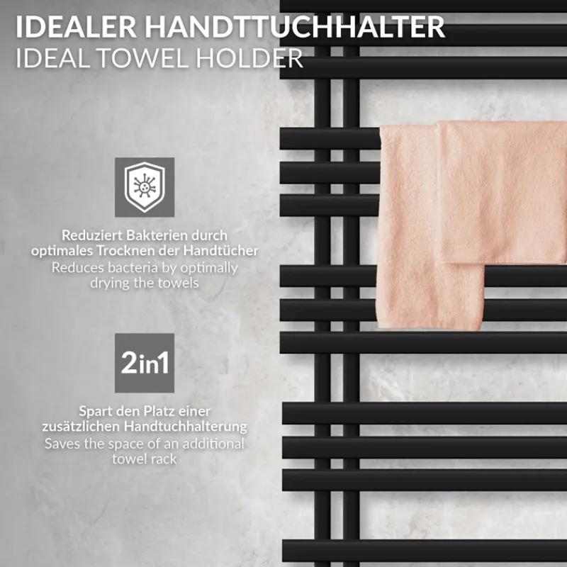 Badheizkörper Mittelanschluss 600x1400 mm Schwarz matt mit Heizstab 1200W LuxeBath-ECD Germany Clearance