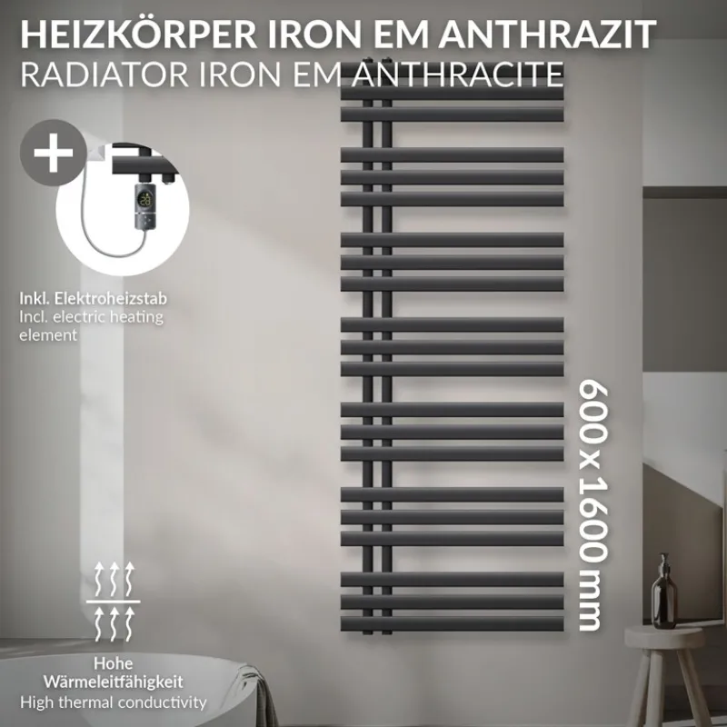 Badheizkörper Mittelanschluss 600x1600 mm Anthrazit mit Heizstab 1200W LuxeBath-ECD Germany Clearance