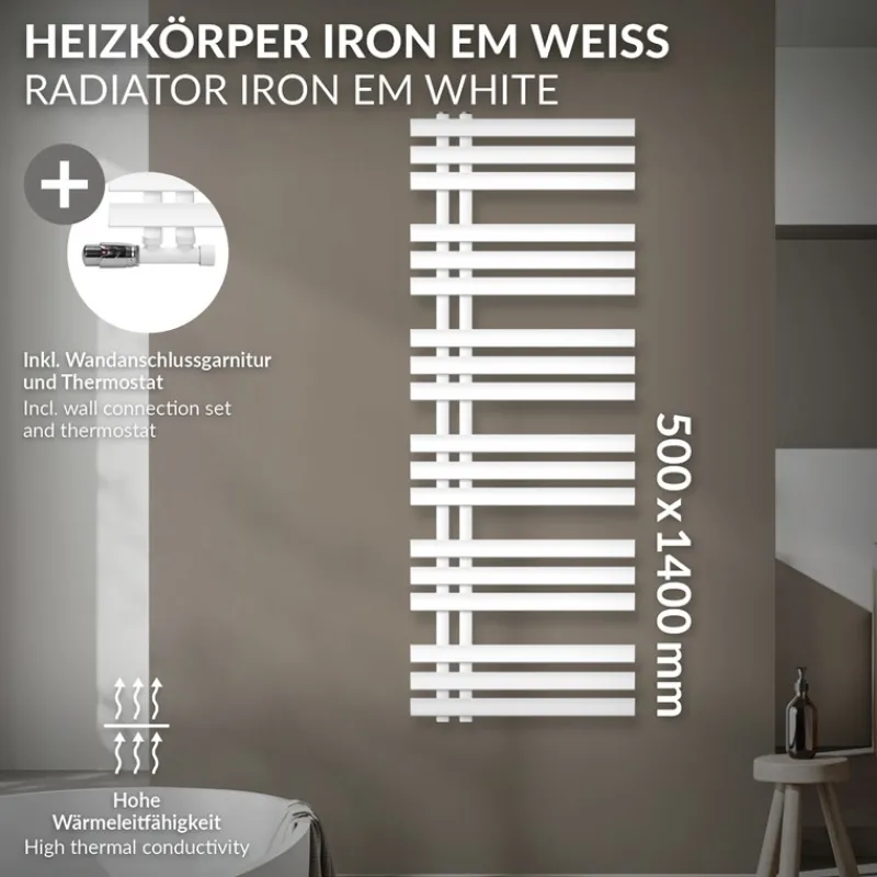 Badheizkörper Mittelanschluss 500x1400 mm Weiß mit Wand Anschlussgarnitur LuxeBath-ECD Germany Online