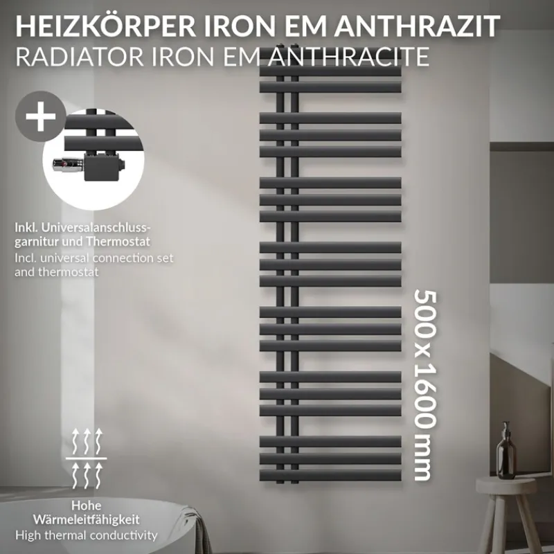 Badheizkörper Mittelanschluss 500x1600 mm Anthrazit mit Universal Anschlussgarnitur LuxeBath-ECD Germany